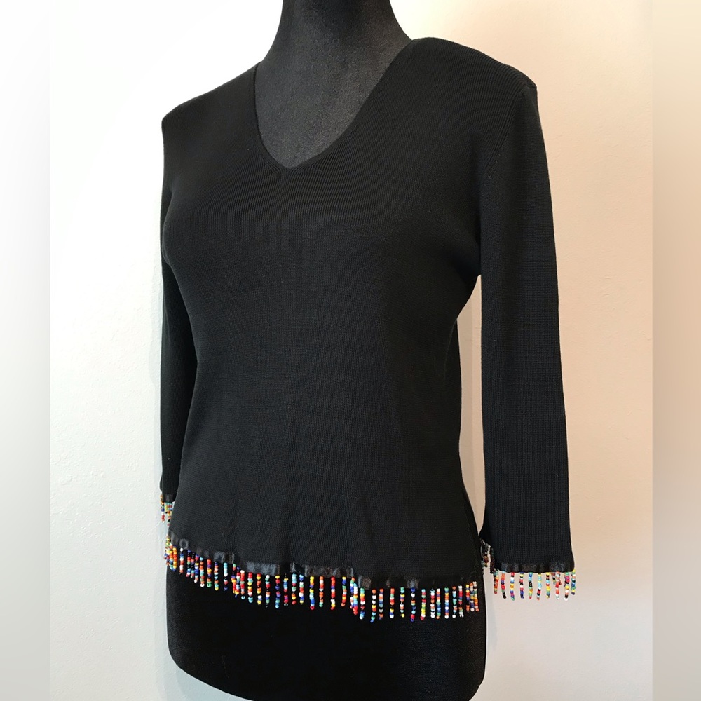 Joseph A Silk Black V-Neck Pull-over Top with Bead Fringe Size M